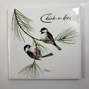 ScreenCraft‎ Hand Decorated Ceramic Tile Chickadees Pine Branch Art Vintage